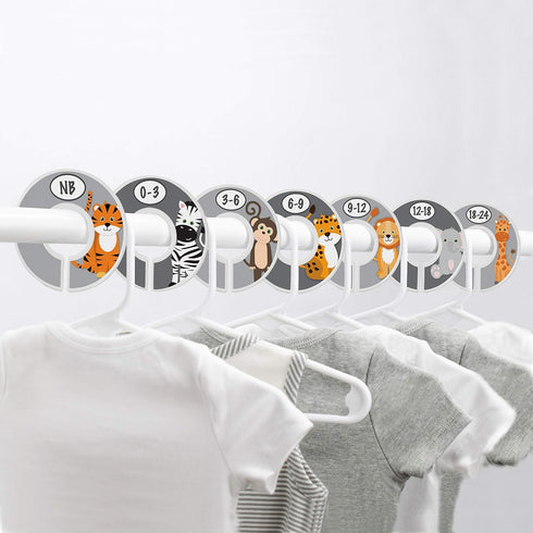 Safari Nursery Closet Size Dividers - 7X for Baby Clothes, Elephant Giraffe Zebra Lion Monkey Decor (Grey)