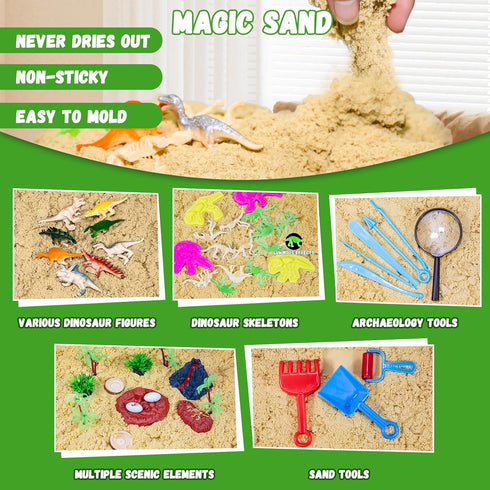 2.64lbs 3 4 5 6 7+ Dinosaur Sensory Bin with Lid, Magic Sand, Dino Figures, Skeletons & Archaeology Tools, Sensory Sand