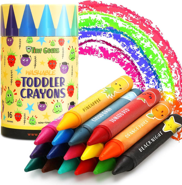 TinyGeeks Jumbo Crayons (16 Colors) Non-Toxic, Washable, Easy-to-Hold Art Supplies for Toddlers