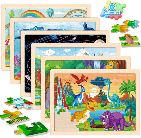 6 Packs Wooden Puzzles for Kids Ages 4-6, 60 Piece Wood Dinosaur