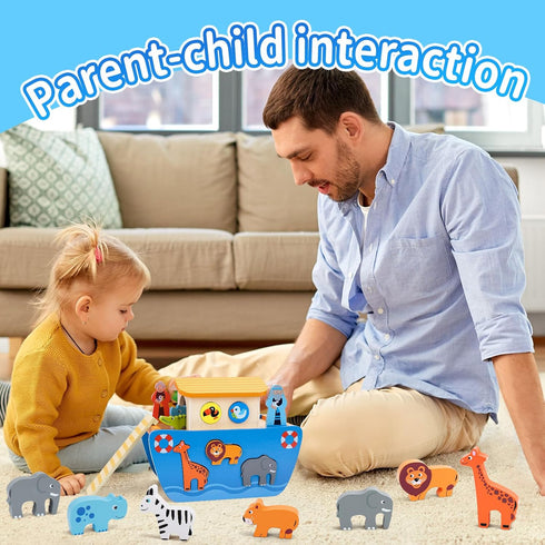 Playset, 1 2 3 12 18 24 KMTJT Toddlers Wooden Noah's Ark Toy Animal Baptism Gifts for Boys Girls, Shape Sorter Early
