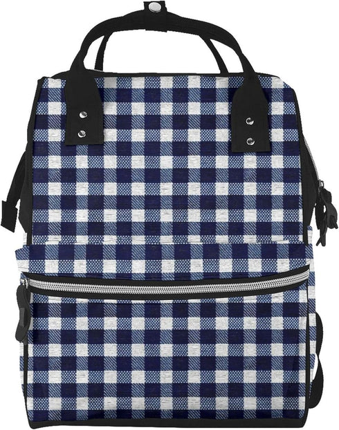 Qewfoju Navy blue Gingham 1 Pattern Diaper Bag Backpack Multifunctional Baby Bags for