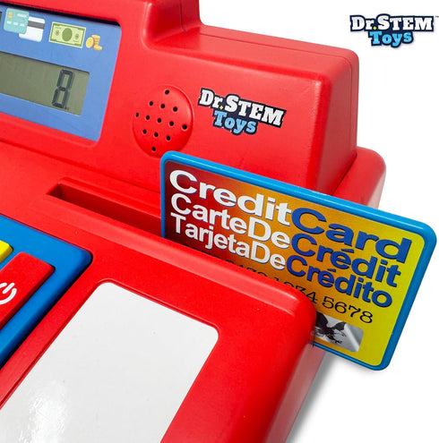 67-Piece Set Dr. STEM Toys Solar Powered Calculator Pretend Cash Register with Play Money for Learning Math Skills