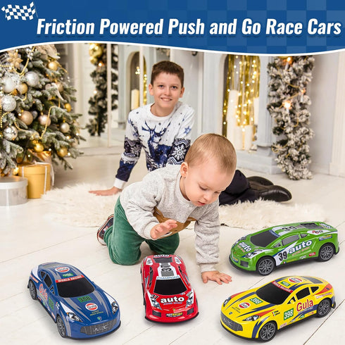 4-Pack Car Toys for 3-6 Year Old Boys and Girls, 7 Inch Friction Powered Pull Back Alloy Race Trucks Cars for Kids