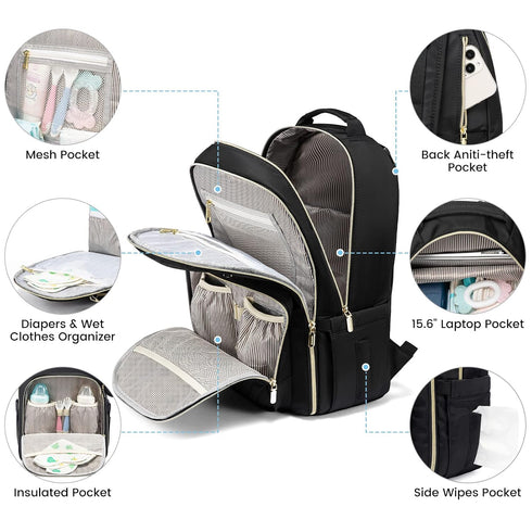 Backpack 2 Capacity,5PCS Set, LOVEVOOK Diaper Bag with Cubes, Quilted Baby Bag with Changing Pad & Pacifier Holder