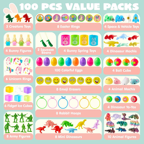 100Pcs JOYIN Prefilled Easter Eggs with Assorted Toys, Easter Basket Essentials, Easter Basket Stuffers for Kids