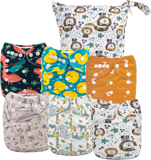 ALVABABY 6pcs Cloth Diaper Covers & 1 Wet Dry Bag, Washable Reusable