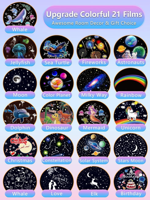 21 Sets of Films + Projector Night Light for Kids, Baby Star Projector for Bedroom, Ceiling, Kids Night Light with 360° Rotation Dimmable for Baby Girls Boys, Birthday, Christmas, Nursery, Room Decor by KISTRA