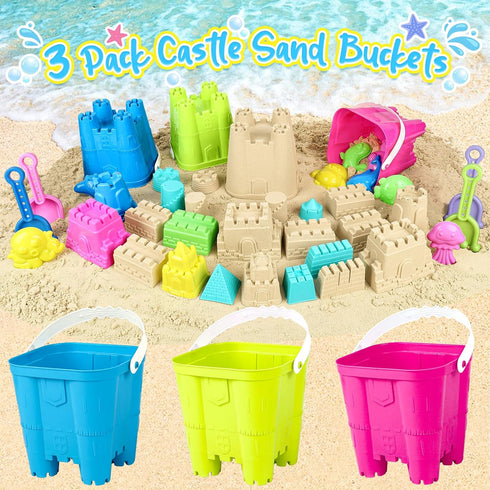 Beach Toys for Toddlers, Sand Castle Toys with 3 Sand Bucket, 4 Sand Shovels, Mesh Bag & Sand Molds Travel Sand Toys for Beach Sandbox Toys for Toddlers Kids Baby Boys Girls Age 3-10