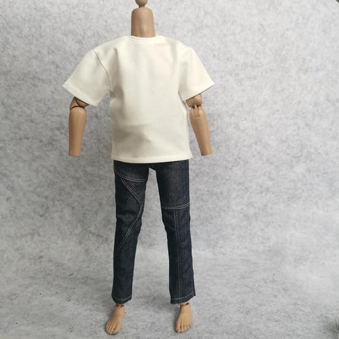 1/6 Custom Scale Clothes - T-Shirt + Jean Trousers for 12" Male Action Figure Doll Clothes (White)