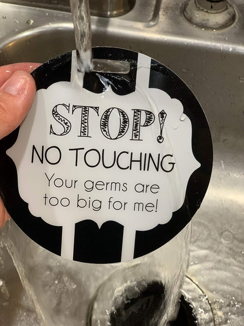 THREE LITTLE TOTS Black and White Stop No Touching Baby Car Seat Sign, CPSIA Safety Tested Stroller Tag