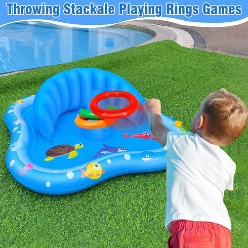 Swimming iGeeKid Baby Play Mat with Sprinkler, Inflatable Baby Pool Float with Canopy Backrest & Stackable Rings Water