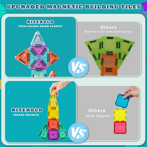 RiteHold 43PCS 2 Set 3-8 Magnetic Tiles for Kids Mini Magnet Tiles Building Toddlers Magnetiles Travel Toys with Case