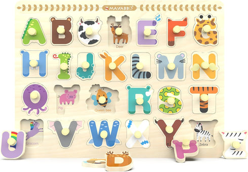 Wooden Peg Puzzle for Toddlers, Alphabet Learning Toys, Chunky ABC Shape Puzzles for Kids, Preschool Knob Puzzle