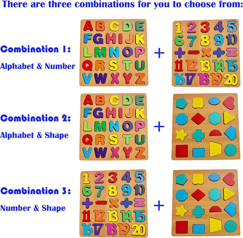 Set 2 of Wooden Alphabet and Number Shape Puzzles for Toddlers - Fun Educational Learning Game