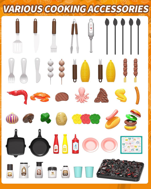 STACTCUTE Playset 60Pcs 3-5+ Set Kids BBQ Grill with Realistic Steam, Sound & Lights - Pretend Play Kitchen Food Toy
