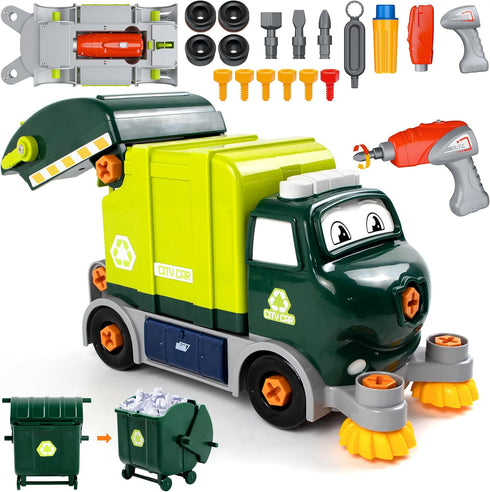 Brixlytoys Trucks Take Apart Toys with Electric Drill, DIY Electric City Clean Truck