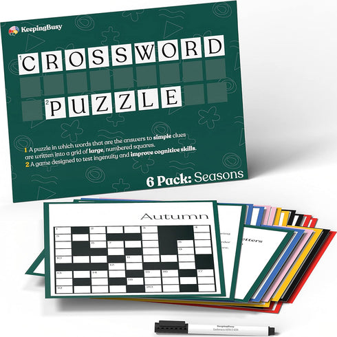 Keeping Busy Crossword Large Print Puzzle for Adults - 6 Reusable Sheets, Clue Guides & Marker for Seniors