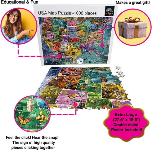 1000-Piece Playjigs USA Map Puzzle: Vibrant Journey Across America with Colorful State Details