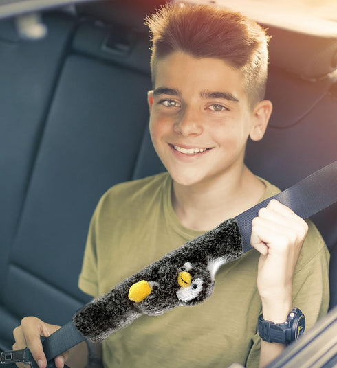 DolliBu Black Penguin Plush Car Seatbelt Cover, Soft Fluffy Cushion Support for Safety Seat Belt Strap