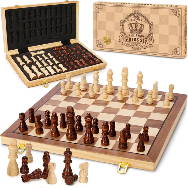 Magnetic Wooden Chess Set for Adults Kids, 15" Folding Chess Boards with