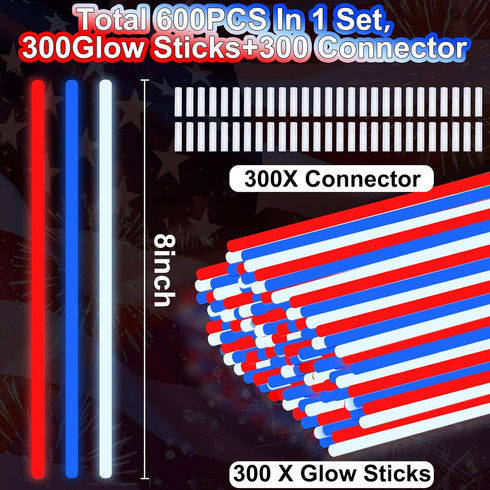 300 Pack 4th of July Glow Sticks Party Favors with Connectors, Patriotic Red White Blue Glow Accessories for