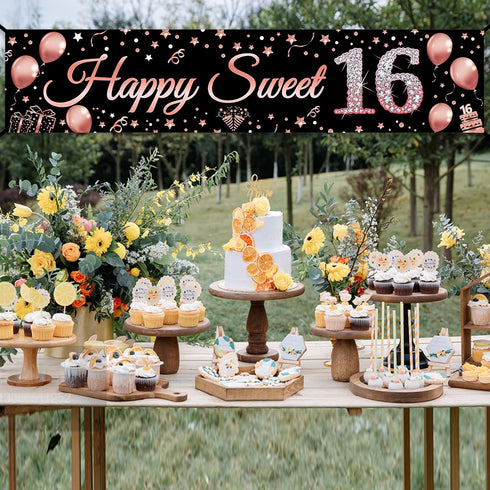 16th Birthday Decorations, Rose Gold Happy Sweet Sixteen Banner Party Supplies for Girl's 16 Year Old