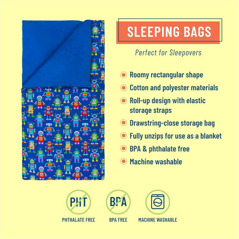 Wildkin Kids Sleeping Bags for Boys and Girls, 57 x 30 x 1.5 Inches, Cotton Blend, Ideal for Camping & Parties (Robots)