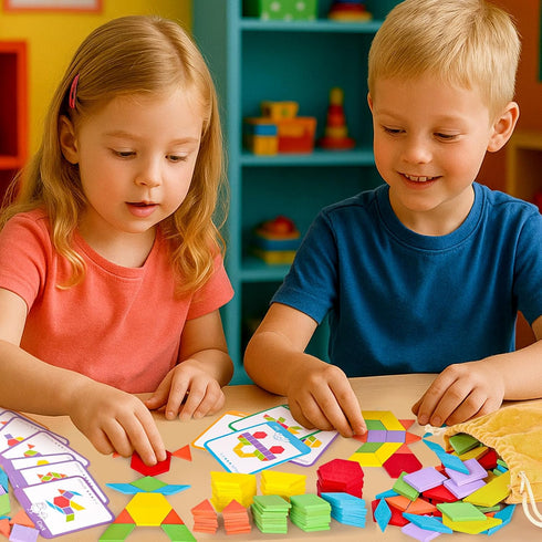 LovesTown 209 PCS Shapes Wooden Pattern Blocks - Geometric with Activity Cards and Storage Bag for Kids