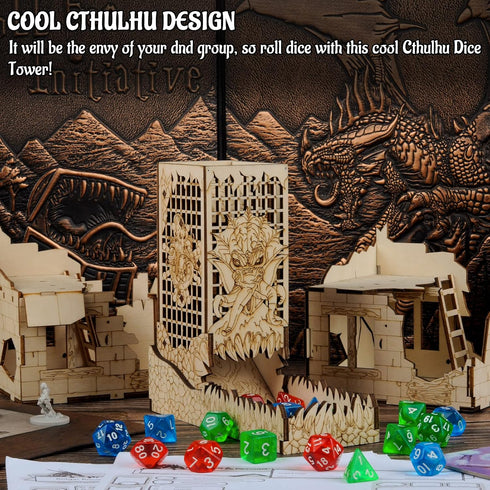 CZYY Dice Tower with Tray, Wood Laser Etched Mind Flayer Portable Collapsible Dice Roller for Board Games