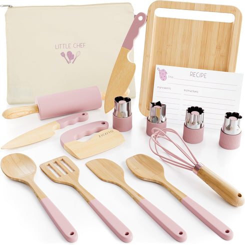 Set Wooden Cooking & Baking for Kids - Safe & Real Kitchen Tools Give Toddlers a Fun Cooking Experience - Durable