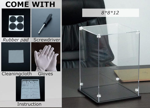 8x8x12 inch 3mm Acrylic Display Case - Thick Acrylic Display Box with Black Wooden Base, Assemble Dustproof Showcase