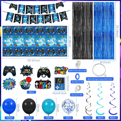 Blue Black Video Game Party Decorations, Happy Birthday Banner, Hanging Swirls, Balloons, Tablecloth Kit