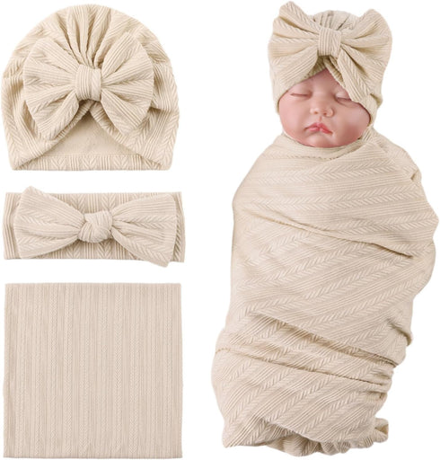 OMUKY Newborn Receiving Blanket Bow Headband and Beanie Set, Baby Swaddle Wrap (Khaki)