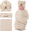 OMUKY Newborn Receiving Blanket Bow Headband and Beanie Set, Baby Swaddle Wrap (Khaki)