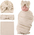 OMUKY Newborn Receiving Blanket Bow Headband and Beanie Set, Baby Swaddle Wrap (Khaki)