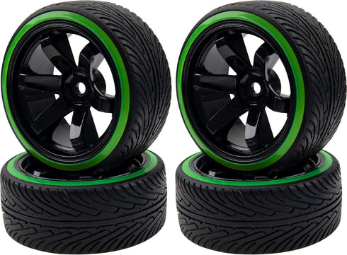 1/10 RC Drift Car Tires 12mm Hex Hub Wheel Rims & Hard Plastic Tyre 6 Spoke Compatible with Traxxas HSP Tamiya Kyosho