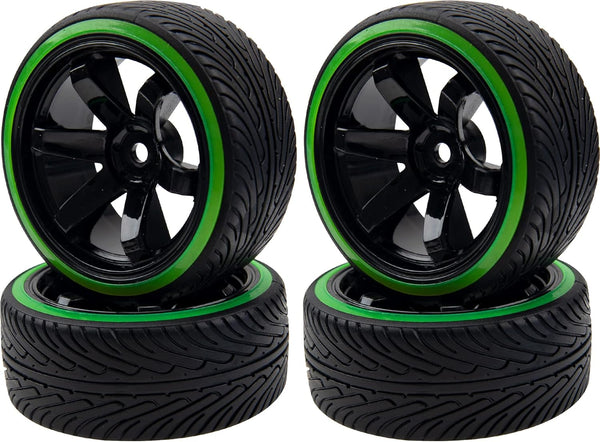 1/10 RC Drift Car Tires 12mm Hex Hub Wheel Rims & Hard Plastic Tyre 6 Spoke Compatible with Traxxas HSP Tamiya Kyosho