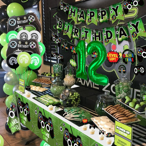 Video Game Party Decorations for Boys, 12th Birthday Banner, Tablecloth, Gaming Pattern Balloons & Sign