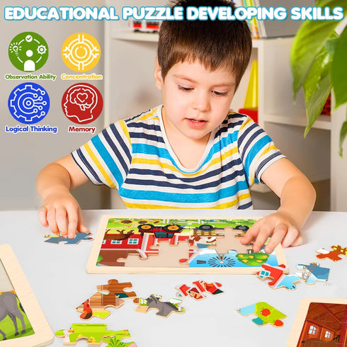 4-in-1 Farm Wooden Puzzles for Kids Ages 4-6, 24 PCS Jigsaw Puzzles for Toddlers 2-4, Educational Gifts