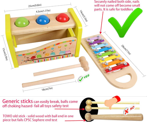 Hammer Set 1 TOWO Wooden Ball and Xylophone - Mallet and Pegs Pound a Ball Tap Bench- Toys for Babies Year Old Baby Boy