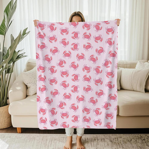 Cstdyfrv Summer 60x80in Watercolor Crab Striped Baby Blankets for Boys Girls Pink Crabs Sea Ocean Coastal Swaddle