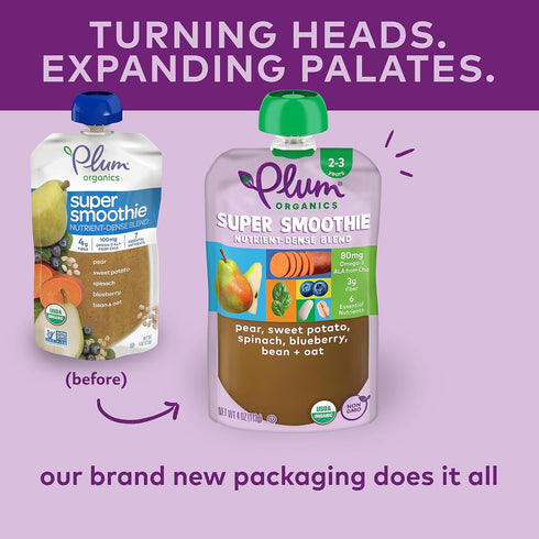 Plum Organics Super Smoothie Organic Toddler Food - Pear, Sweet Potato, Spinach, Blueberry, Bean, and Oat - 4 oz (Pack of 4)