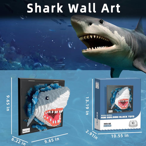 Set 3D 2166PCS Mini Building Blocks Shark Mural - Cute Animal Wall Art Shark Craft Kit Micro Mini Block Bricks Creative