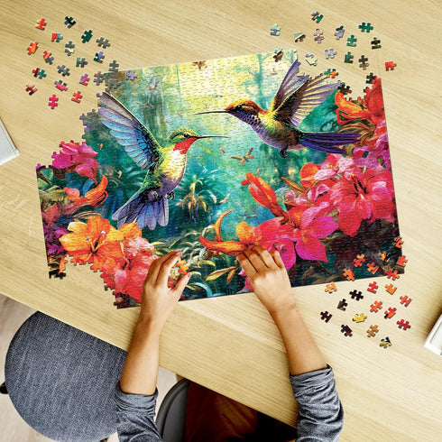 1000 Piece Puzzle for Adults - Hummingbird Garden Wooden Jigsaw Puzzles, DIY Leisure Game Toy Gift