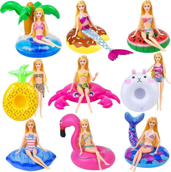 9Pcs Doll Swimming Pool Inflatable Float, Flamingos, Donuts, Pineapples, Shells, Crabs, Rabbit Drink Holder