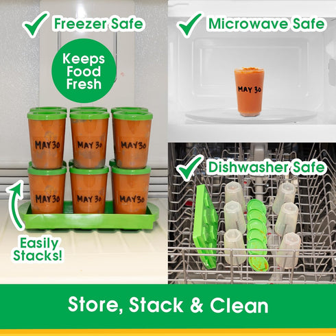 Sprout Cups 6 Pack 4oz Baby Food Storage Containers with Write What You Want Lids, - Reusable, Stackable, Leakproof