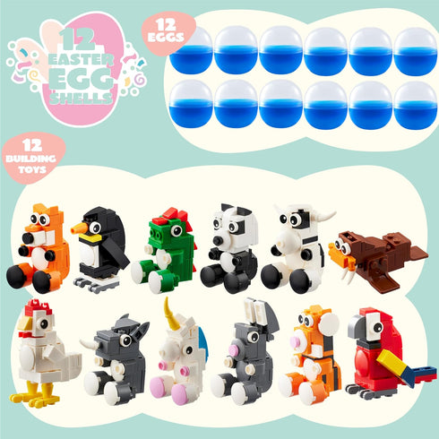 12 JOYIN Pcs Easter Eggs Hunt Prefilled with Adorable Animal Building Blocks for Easter Party Favors, Easter Basket