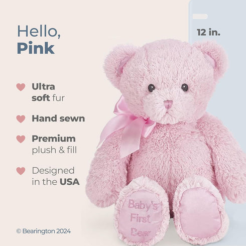 Bearington Baby's First Teddy Bear - Pink, 12 Inch Plush Stuffed Animal for Girls
