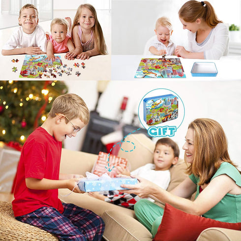 LELEMON - Vehicles Jigsaw Puzzles in Metal Box - 100 Pieces for Kids Ages 4-8 - Fire Truck, Ambulance, Police Car